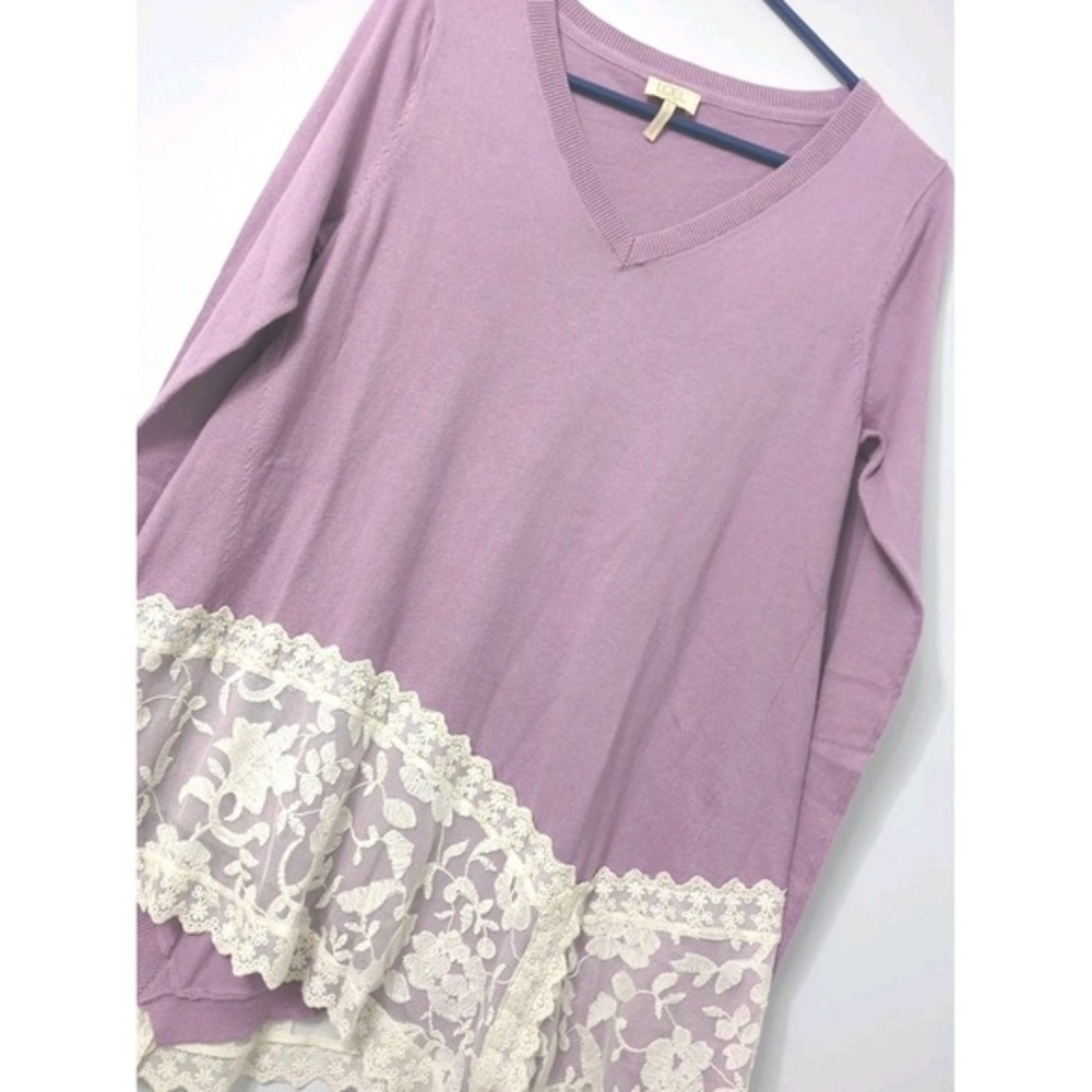 LOGO Lavish Cotton Cashmere Sz S Purple Tunic Sweater Asymmetrical Lace Hem